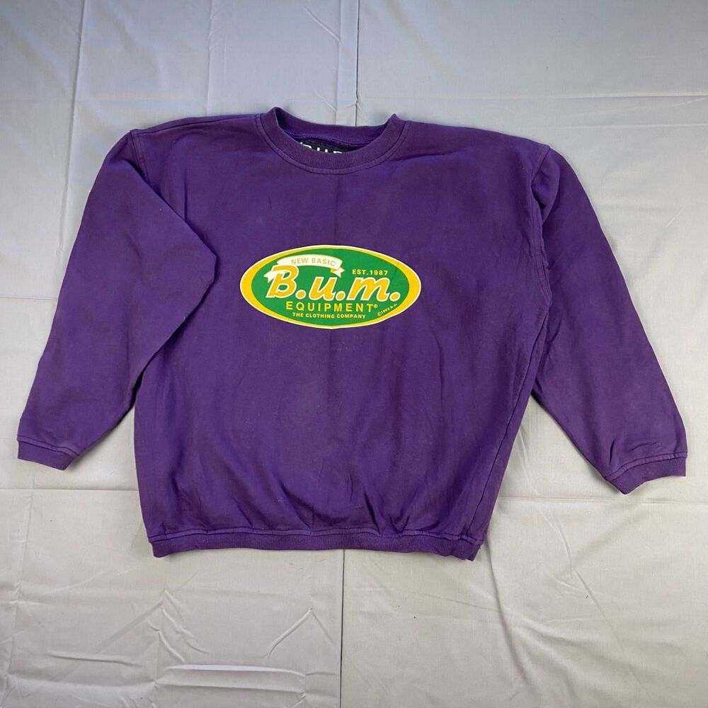 B.u.m. Equipment M Purple Crewneck Sweatshirt 1993 Logo Graphic Cotton 100 Long